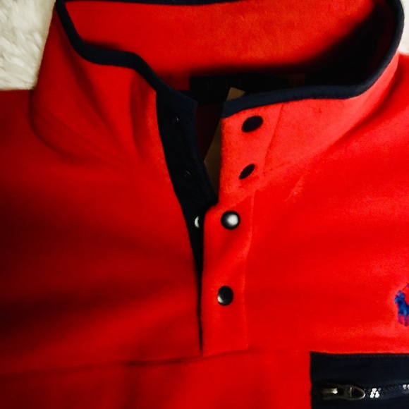 Ralph Lauren Polo Red/Navy Polo Fleece Mock Pullover Snap Up Collar LG&XL - Picture 3 of 12